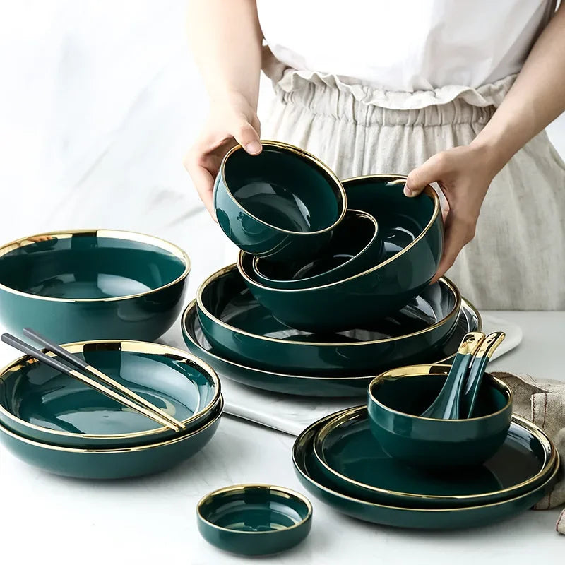 Luxe borden en kommen schotel lepel dinerset met keramische salade Ramen kom diepe plaat servies groen servies