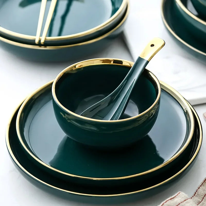 Luxe borden en kommen schotel lepel dinerset met keramische salade Ramen kom diepe plaat servies groen servies