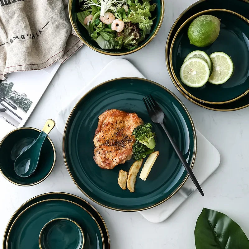 Luxe borden en kommen schotel lepel dinerset met keramische salade Ramen kom diepe plaat servies groen servies