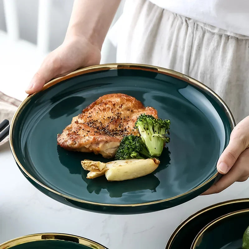 Luxe borden en kommen schotel lepel dinerset met keramische salade Ramen kom diepe plaat servies groen servies
